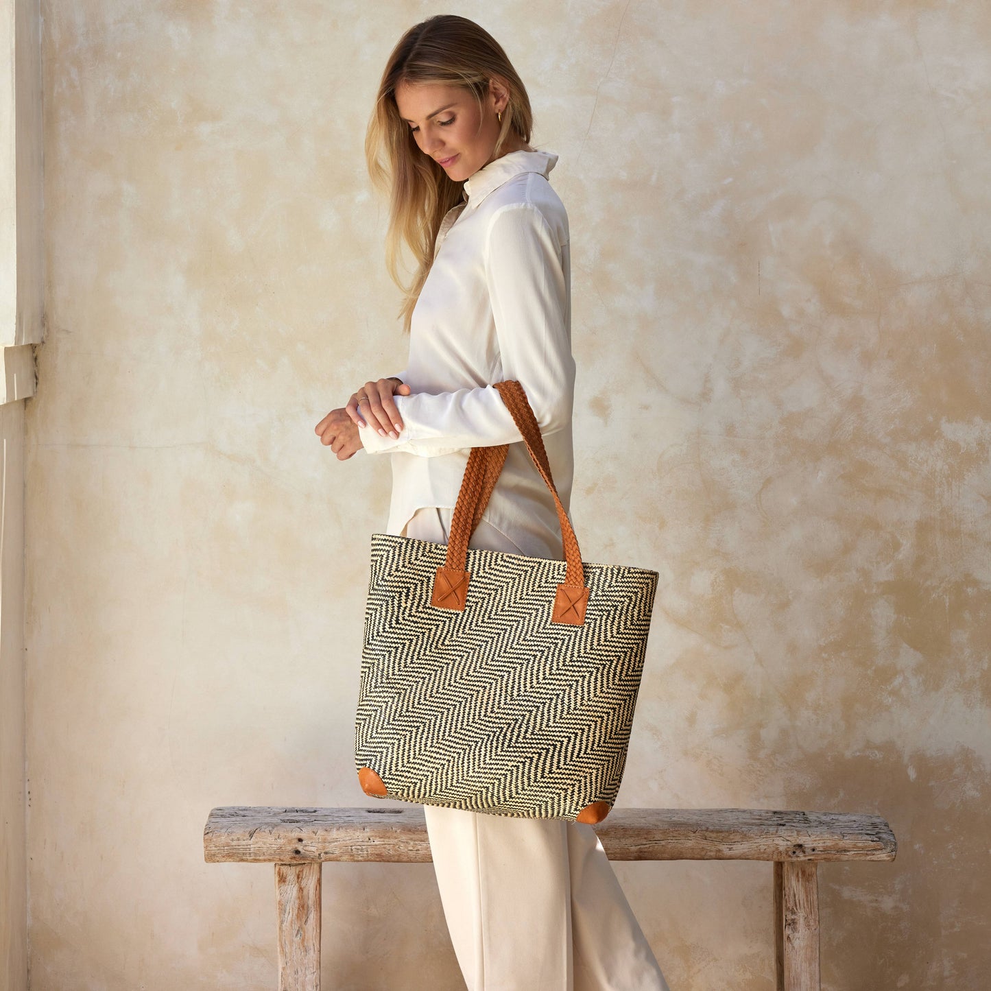 Oversized Rattan Tote Bag with Brown Leather Trim