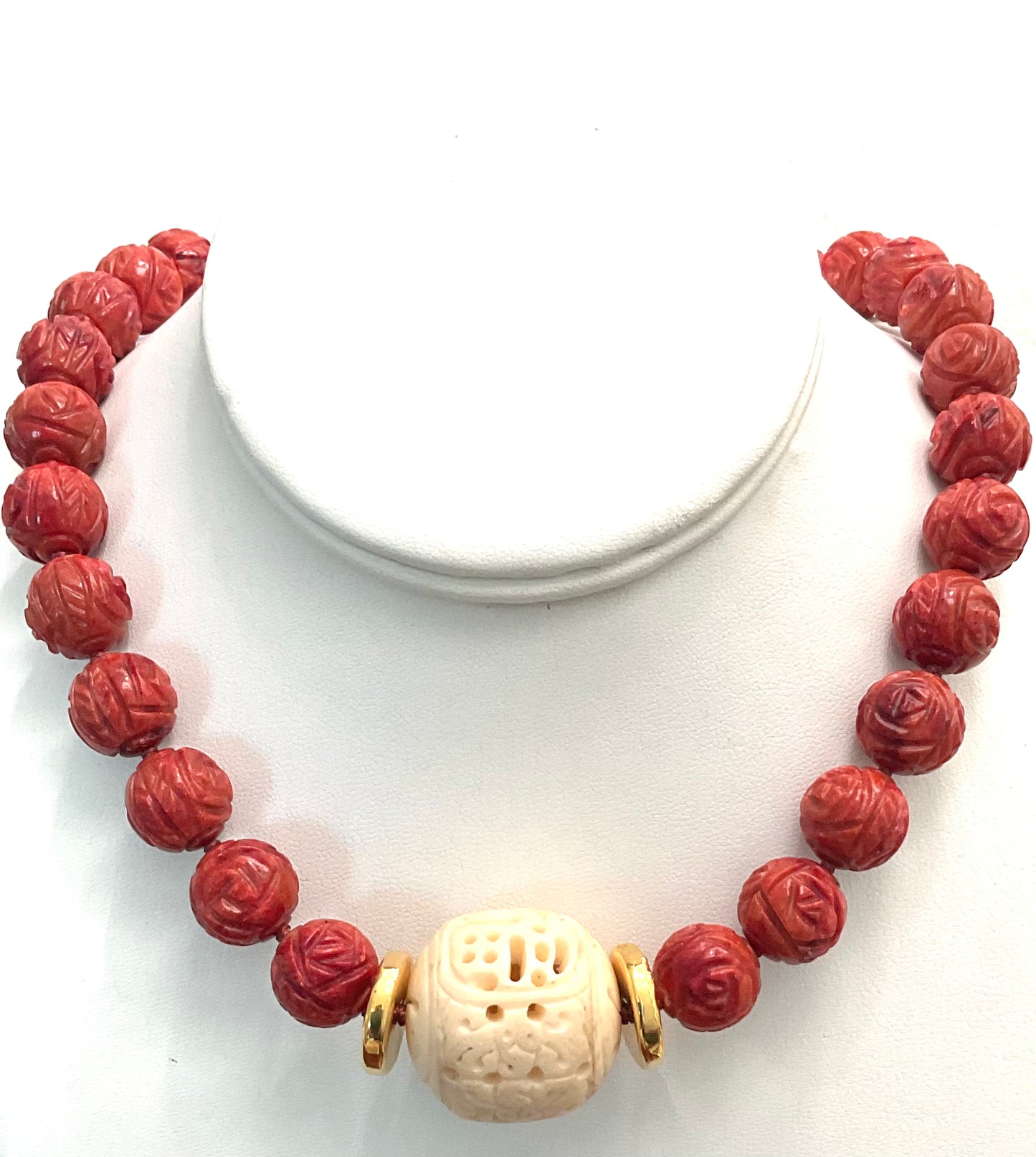 Necklace Carved Coral and Carved Bone