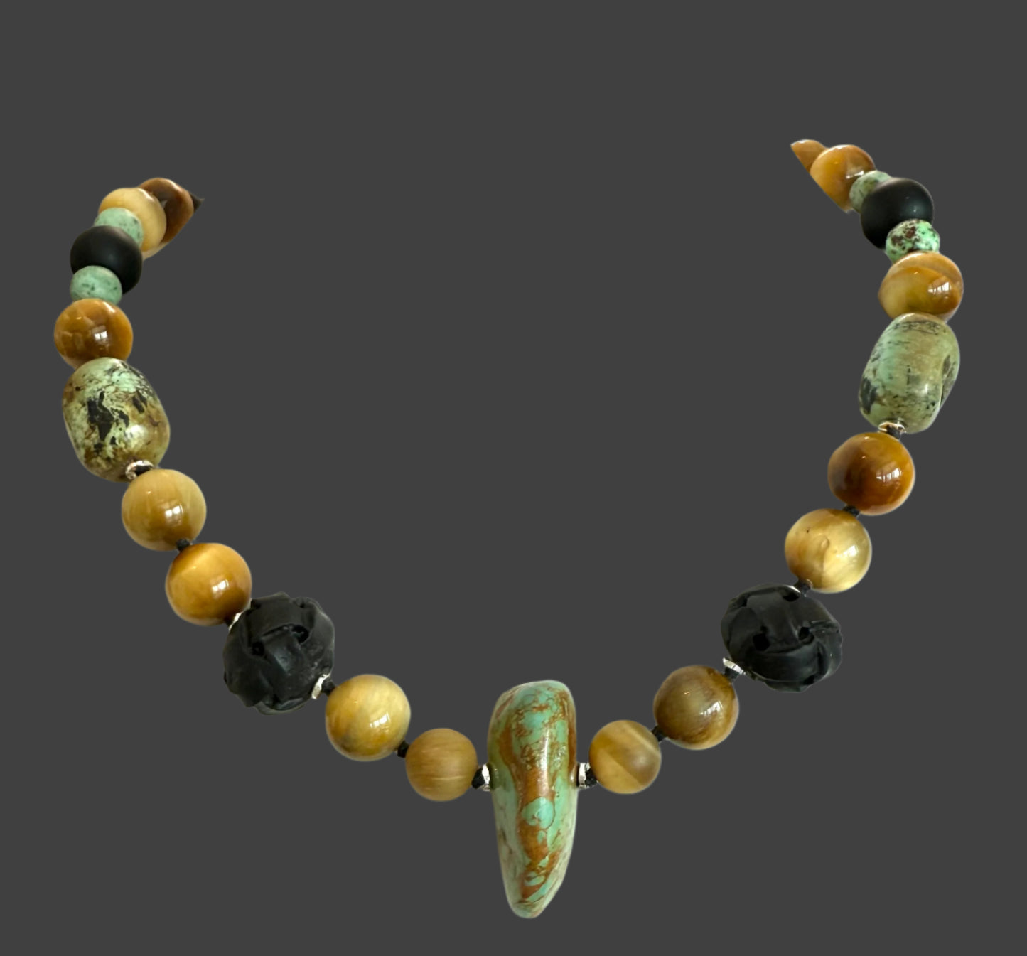 Necklace Tiger Eye, Turquoise, Matte Onyx, carved Wood
