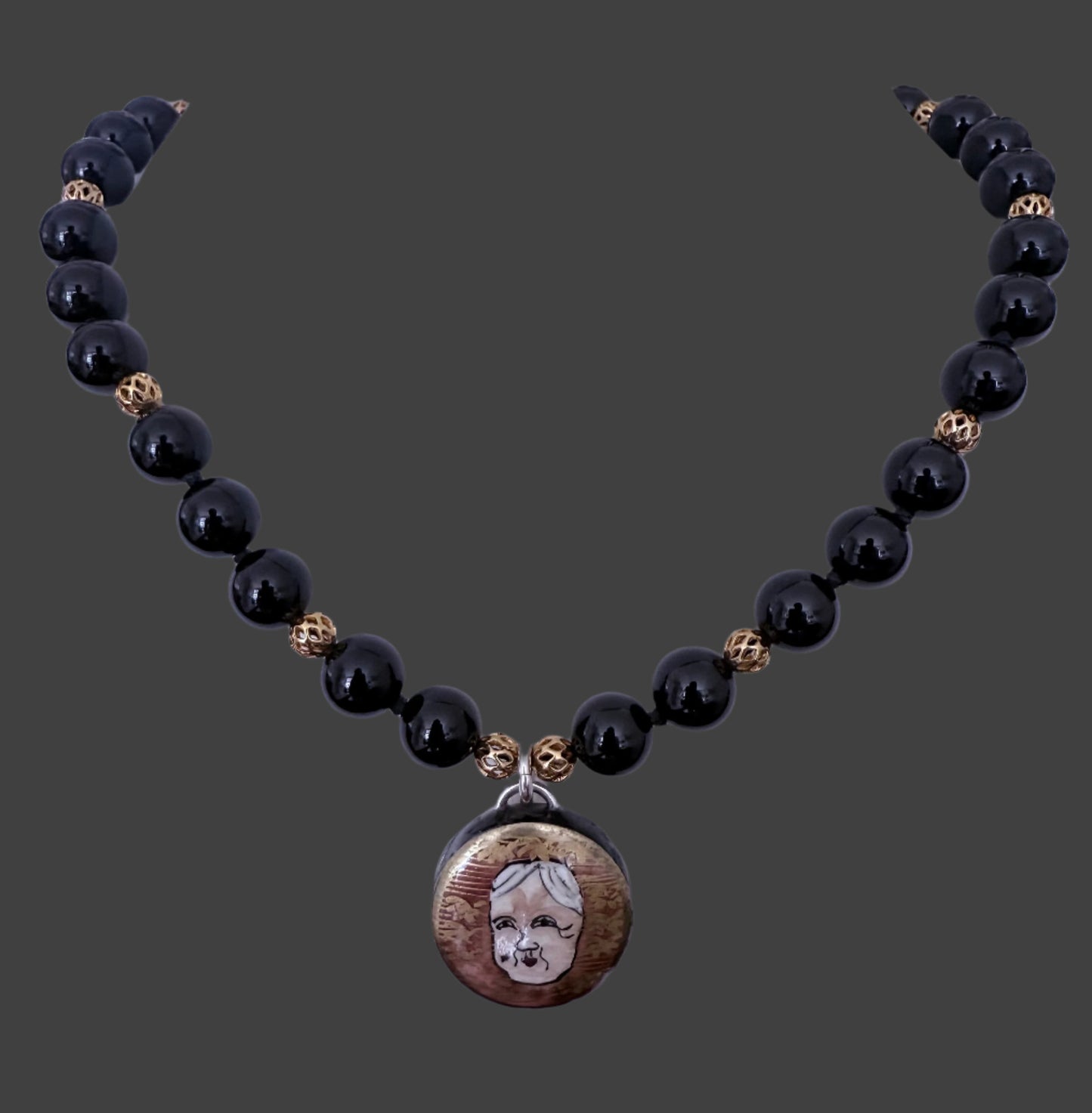 ANTIQUE JAPANESE BUTTON NOH PENDANT & NECKLACE