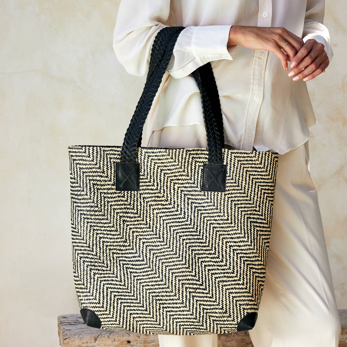 Oversized Rattan Tote Bag with Black Leather Trim