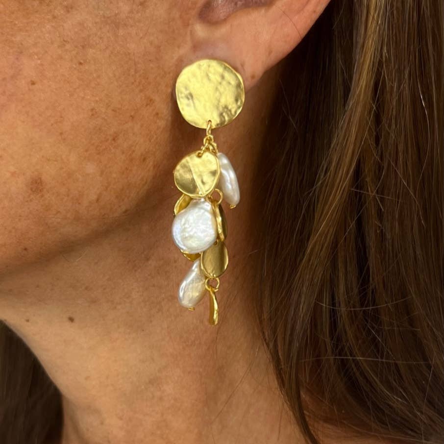 Coin & Pearl Chandelier Drop Clip Earrings - 24K Gold Plated