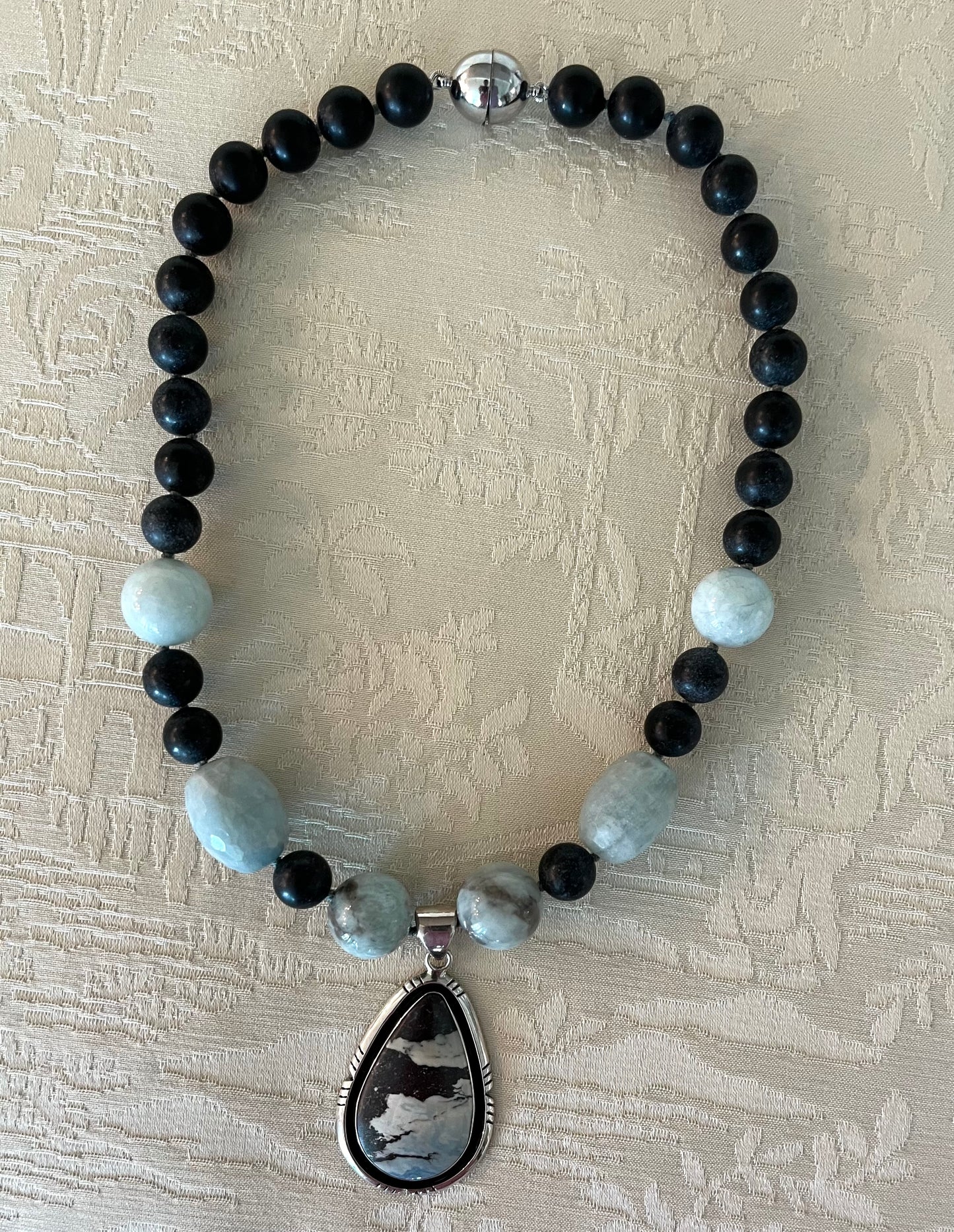 Aztec Lapis Pendant with Aquamarine and dark gray Agate beads SOLD
