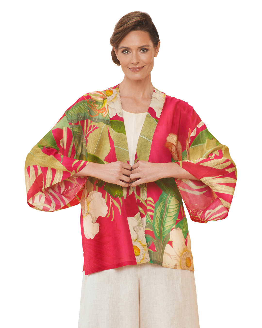 Delicate Tropical Kimono Jacket in Dark Rose
