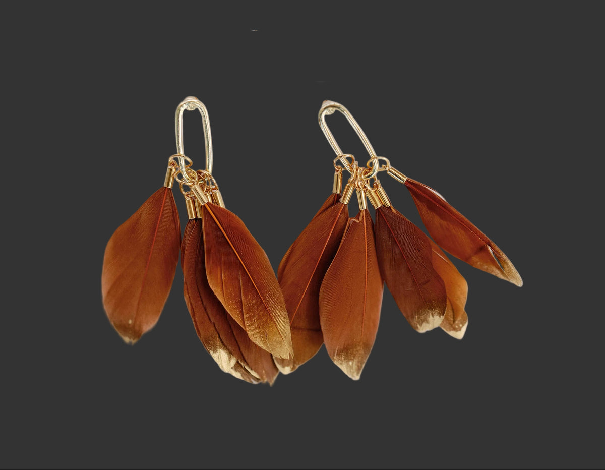 Caramel Gold Dipped Fall Feathers Statement Earrings
