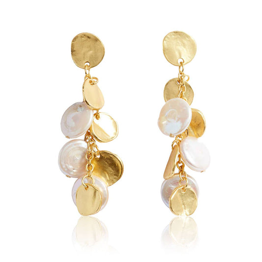 Coin & Pearl Chandelier Drop Earrings - 24K Gold Plated
