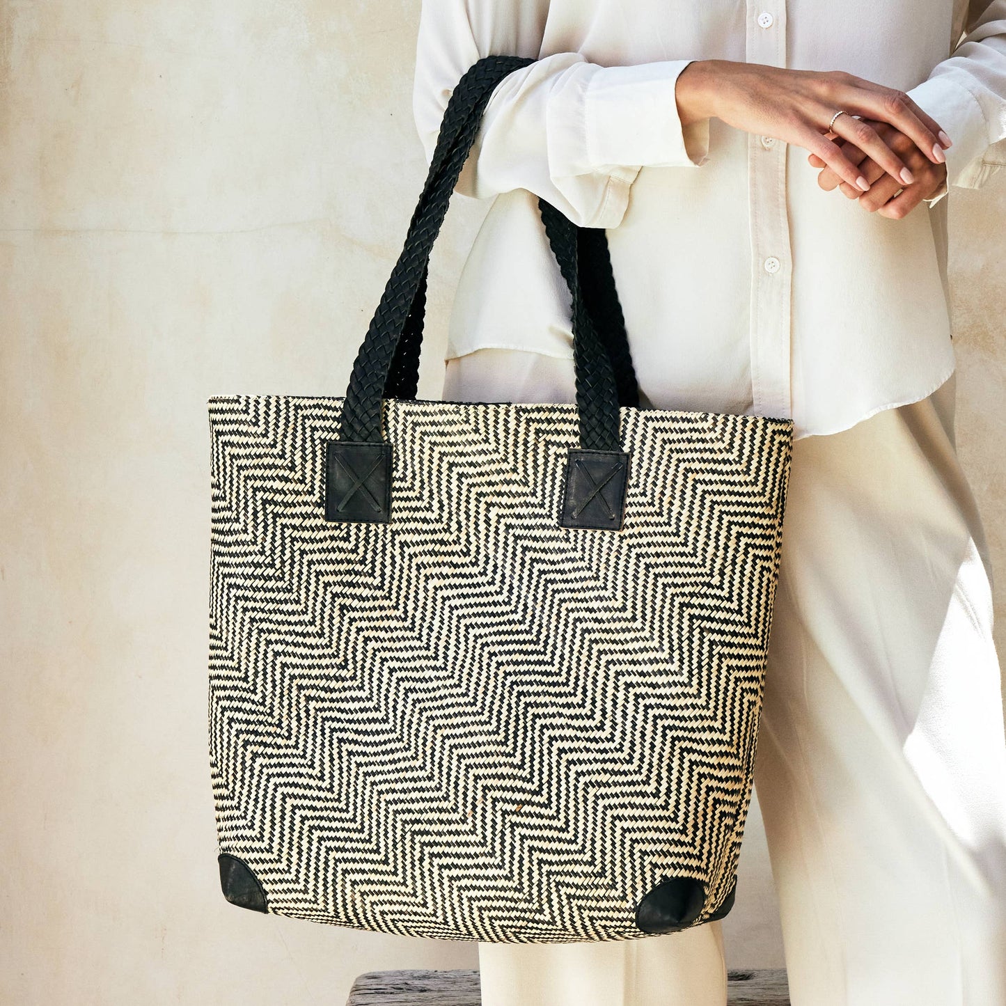 Oversized Rattan Tote Bag with Black Leather Trim