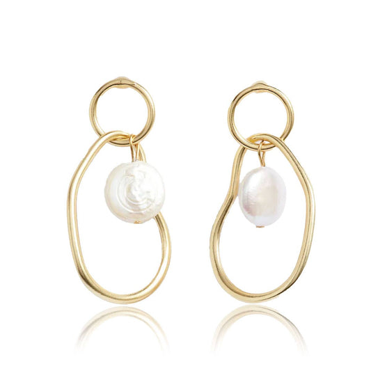 Organic Link & Flat Pearl Drop Earrings - 24K Gold Plated