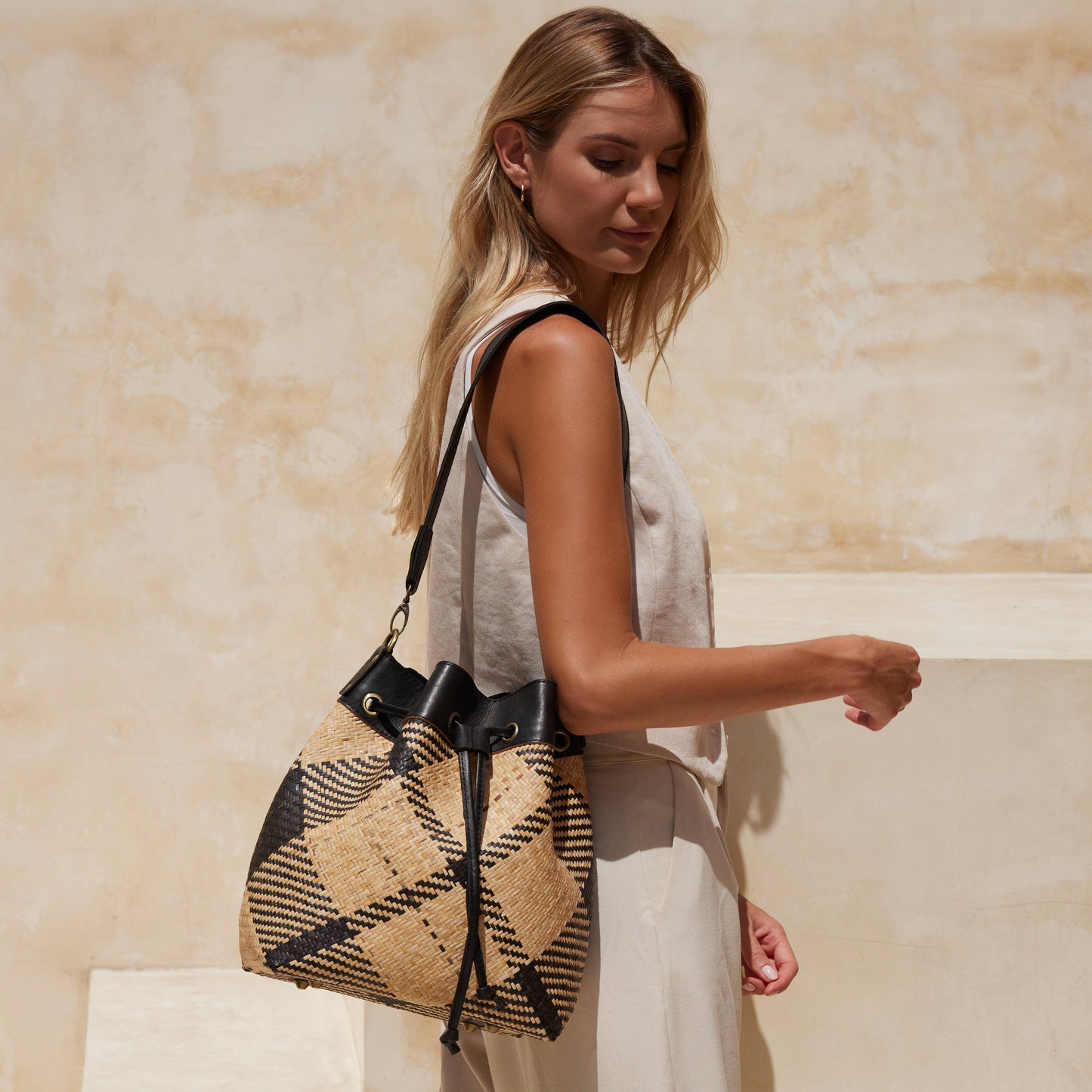 SLING, TOTE & GO - Black and Ivory Plaid Weave, Leather Trim