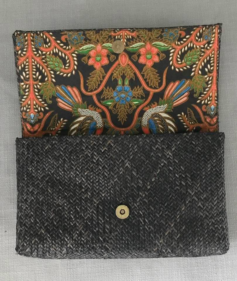 Rattan Clutch with Batik Print Lining - Brown