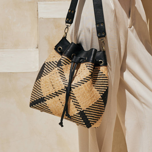 SLING, TOTE & GO - Black and Ivory Plaid Weave, Leather Trim