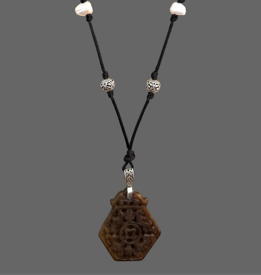 Brown Jade Pendant with Pearls and silver