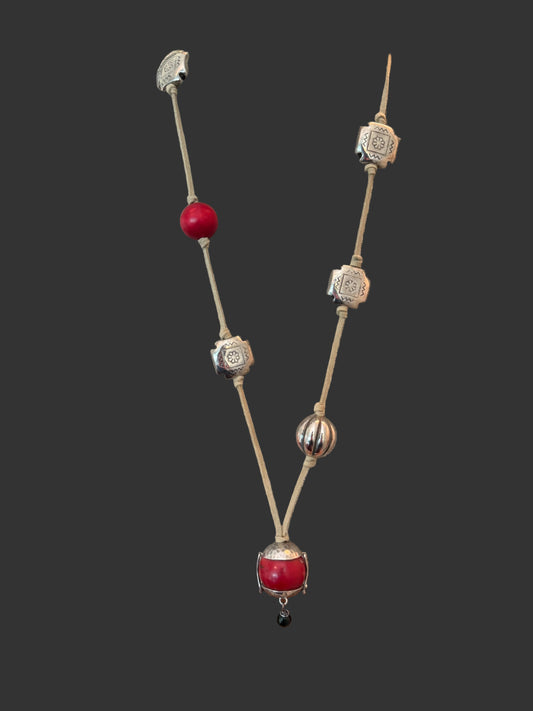 Long Suede Cord with Silver & Coral
