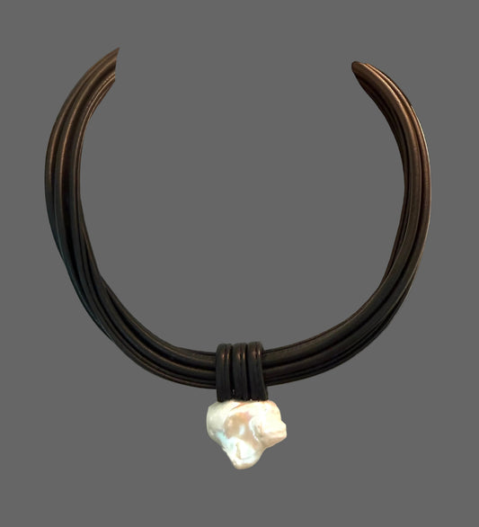 Black Leather & Large Baroque Pearl