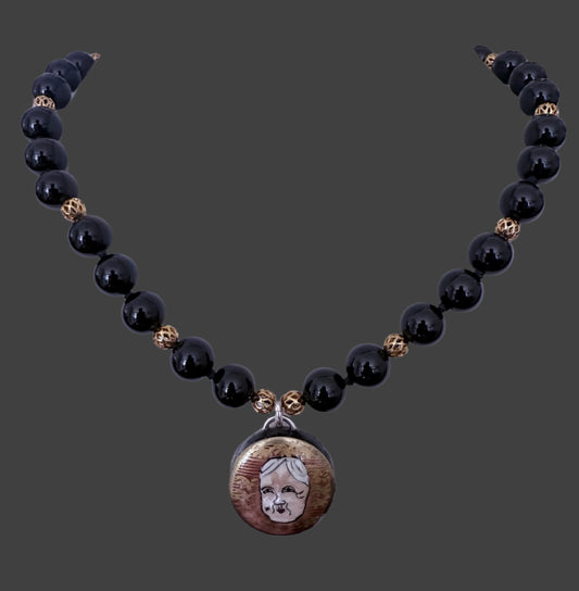 ANTIQUE JAPANESE BUTTON NOH PENDANT & NECKLACE