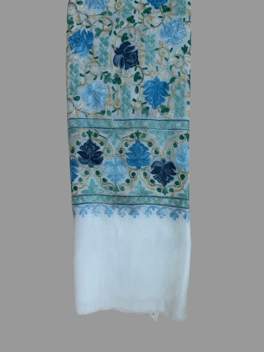 Scarf white with Blue Embroidery