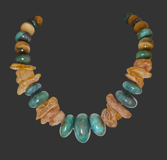 Necklace Turquoise, Amber and Tiger Eye.