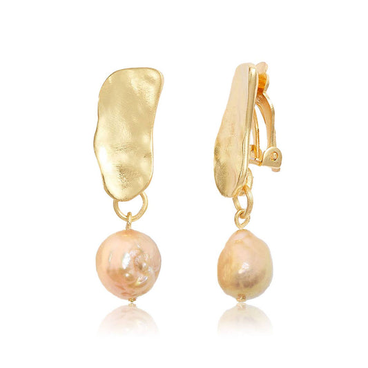 Chic Cobblestone Clip with Pink Pearl Drop - 24K Gold Plated