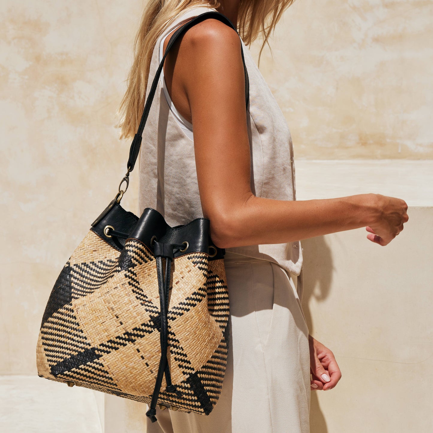 SLING, TOTE & GO - Black and Ivory Plaid Weave, Leather Trim