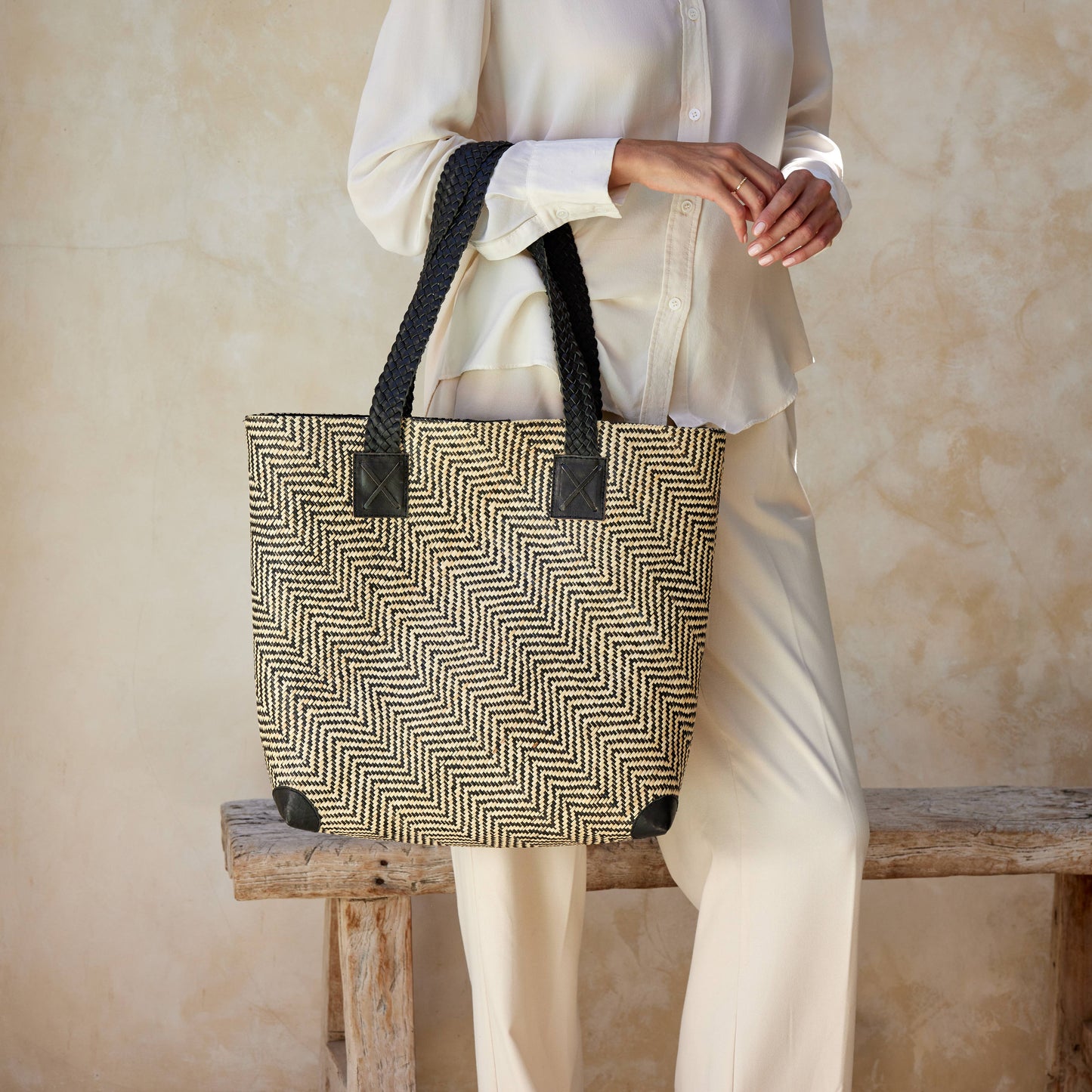 Oversized Rattan Tote Bag with Black Leather Trim