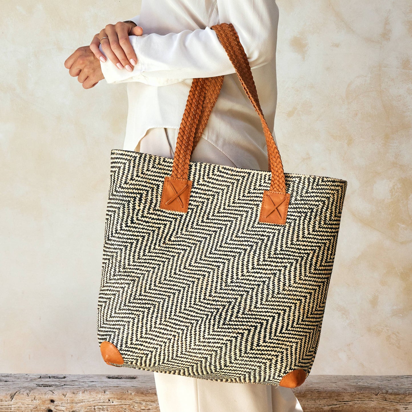 Oversized Rattan Tote Bag with Brown Leather Trim