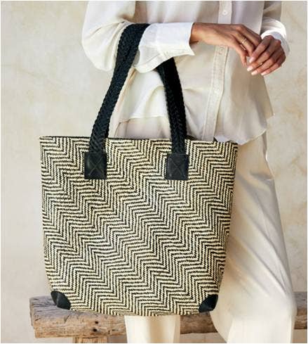 Oversized Rattan Tote Bag with Black Leather Trim