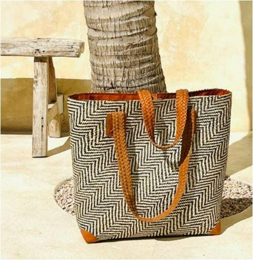 Oversized Rattan Tote Bag with Brown Leather Trim