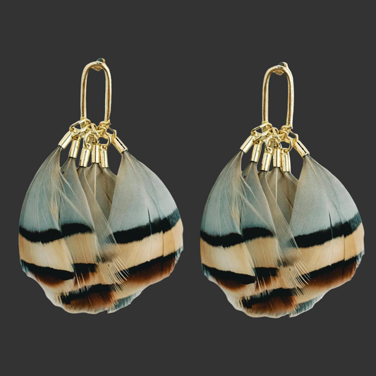 Brown Striped Fall Feather Statement Tassel Earrings